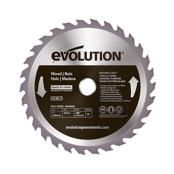 Evolution 7" 30T, 25/32" Arbor, Tungsten Carbide Tipped, Standard Course-Cutting Rip Blade For Wood 180BLADEWD